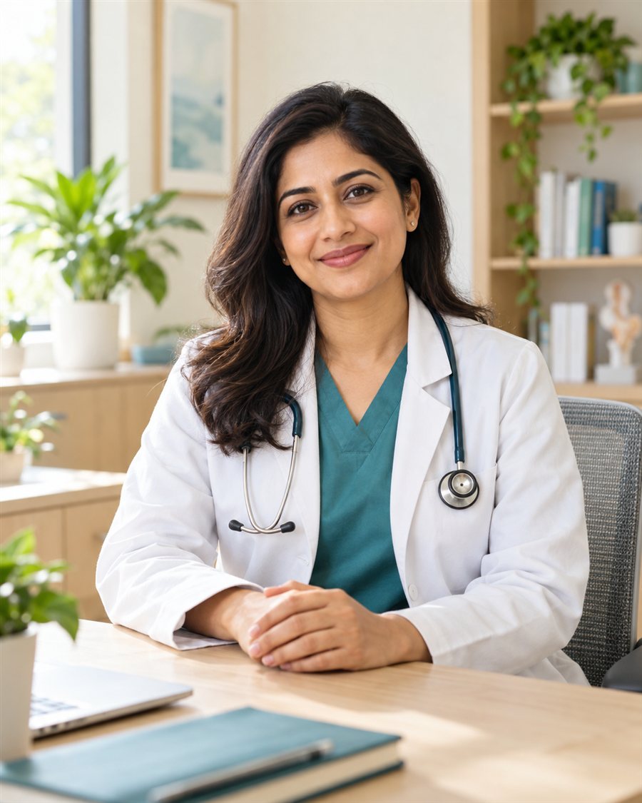 Sample physician profile photograph; fictional clinic concept